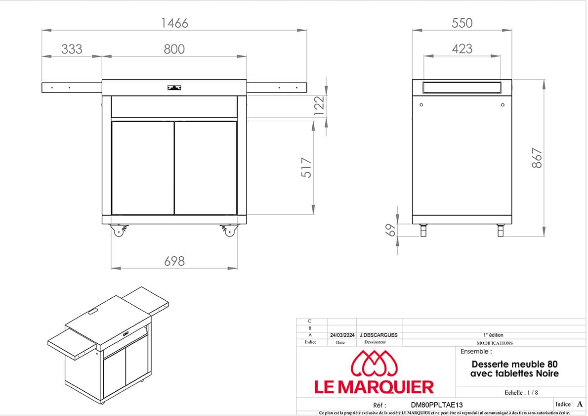 Carrello cucina nero con ripiani laterali push and pull